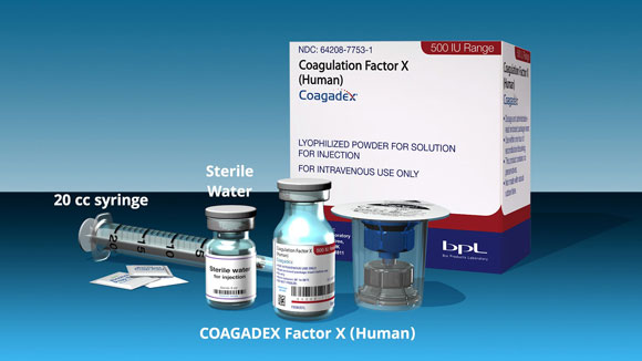 Still frame with a video "play" button in the center with Coagadex vial and packaging, sterile water and a syringe in the background.